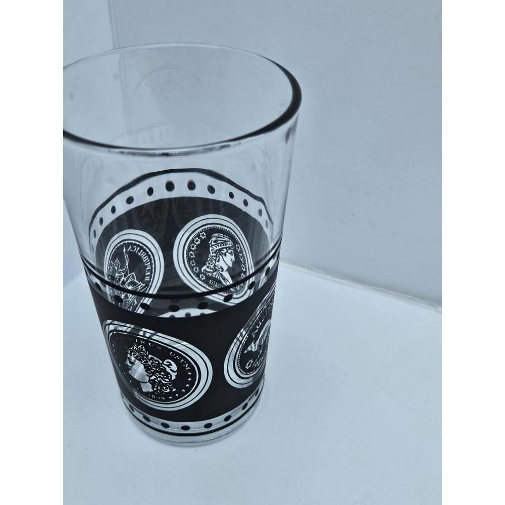 Vintage Black International Coin Glass MCM Bar Ware Tumblers Numismatic